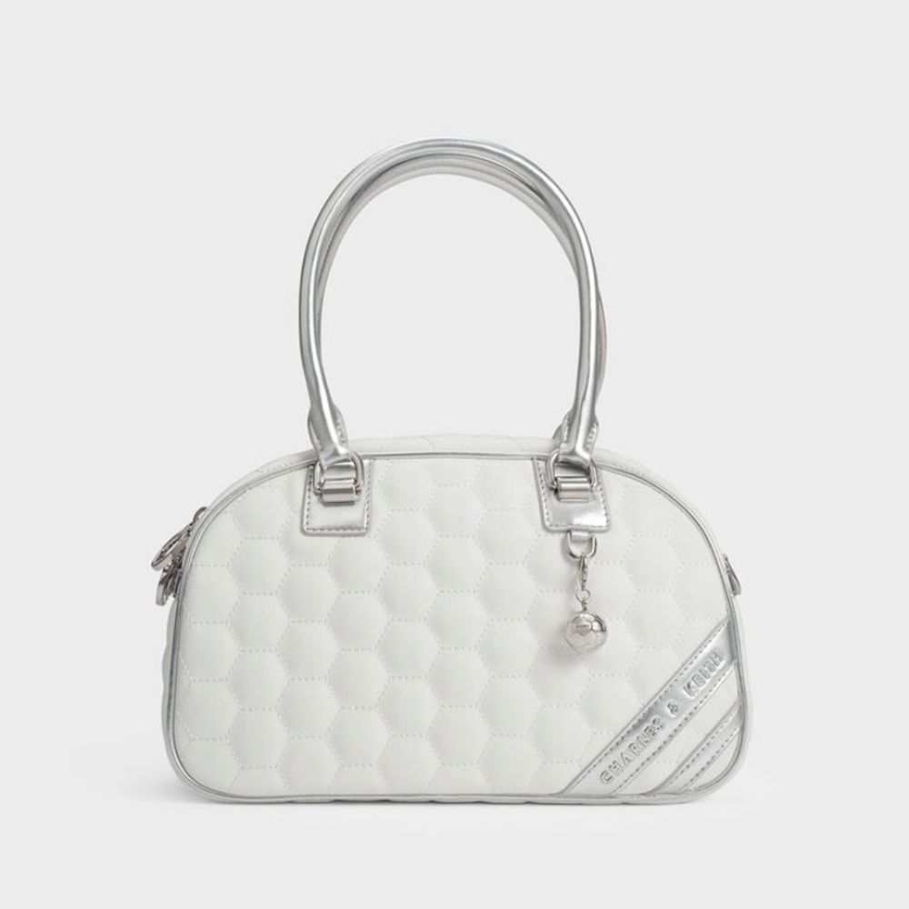 Charles & Keith Striped Textured Bowling Bag - White